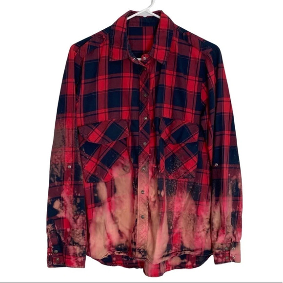Handmade Upcycled Plaid Ombré Custom Bleached Button Down Shirt Women Medium Red - Picture 11 of 12